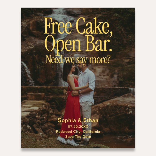 Free Cake Open Bar Retro Photo Save The Date Flyer (Criador carregado)
