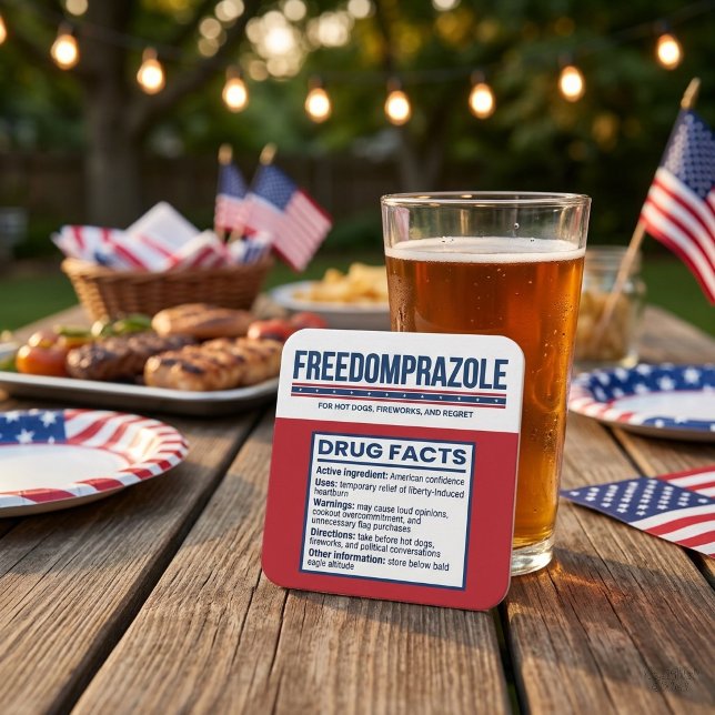 Freedomprazole Divertido 4 de Julho Porta-Copos (Freedomprazole drink coasters arranged in square pattern showing pharmaceutical-style fake label)
