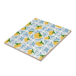 French Country Lemon Blue Floral Tile Pattern