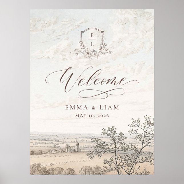 French Country Toile Wedding Welcome Poster (Frente)