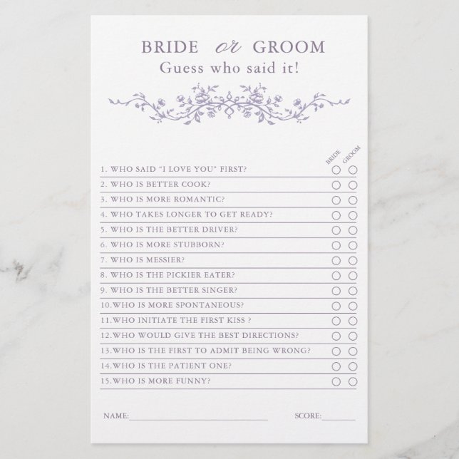French Lavender 'Bride or Groom' Bridal Game  (Frente)