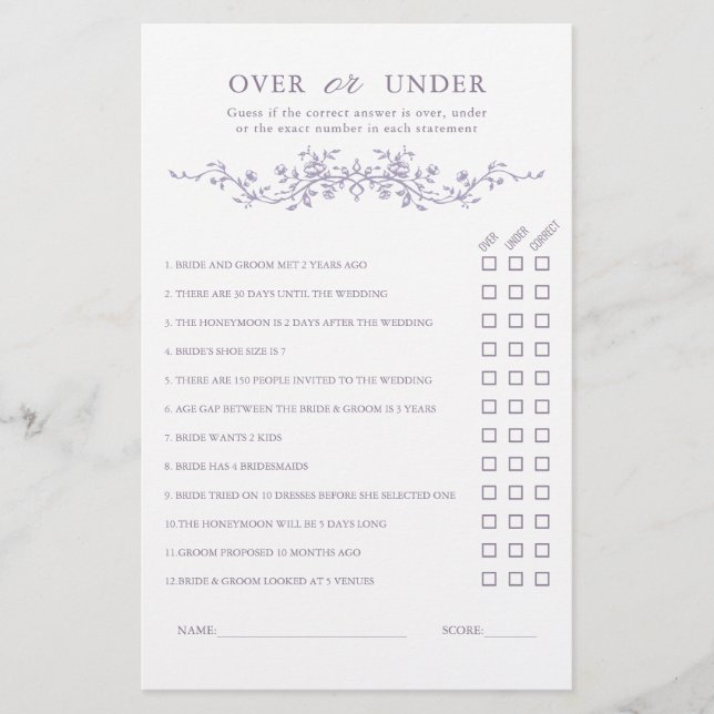 French Lavender 'Over or Under' Bridal Shower Game (Frente)
