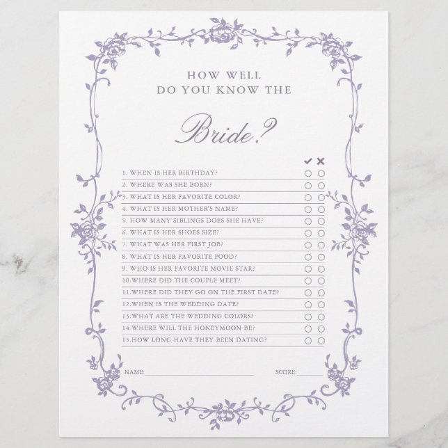 French Victorian Lavender Bridal Shower Game (Frente)
