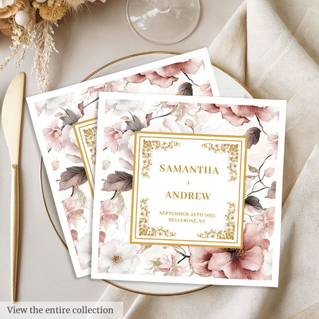 Frente romântica de ouro de marfim guardanapos de  (Romantic blush ivory gold floral paper napkins)