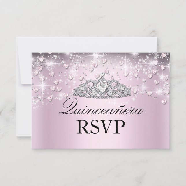 Frente rosa Tiara & Hearts Quinceanera RSVP (Frente)