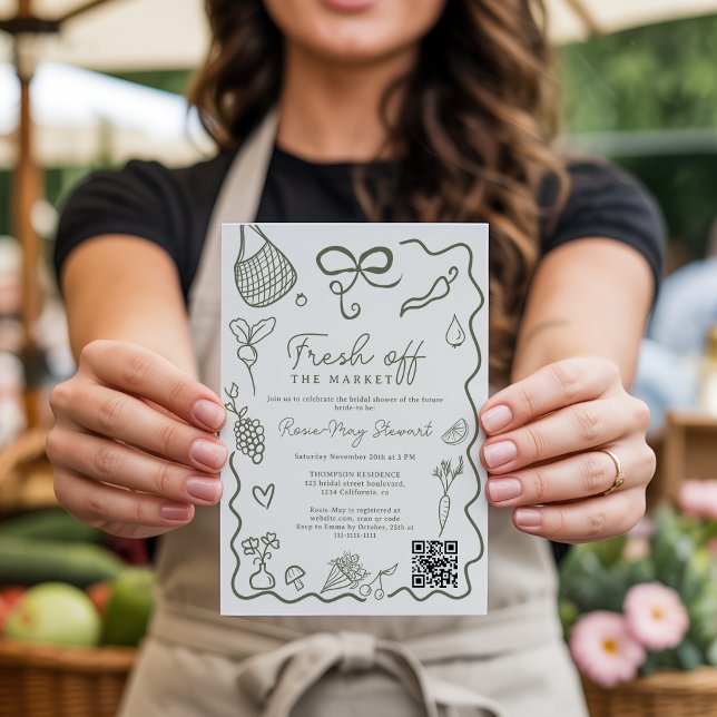Fresco do Mercado Convite de Noivado Desenhado à M (Fresh Off the Market HandDrawn Whimsical QR Bridal Invitation)