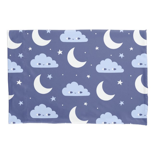 Froca de Travesseiro Azul Kawaii Lua Estrelas Nuve (Frente)