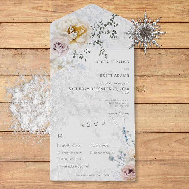 Frosty Winter Pastel Floral Modern Janto 3 (Frosty Winter Pastel Floral Modern Three Dinner All In One Invitation)