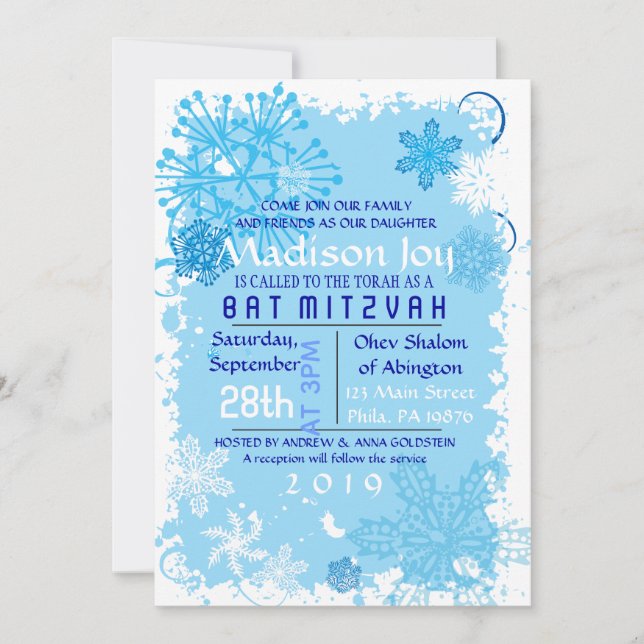 FROZEN SNOWFLAKES Bar Bat Mitzvah Convite (Frente)