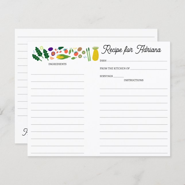 Fruit Veggies CUSTOM Bridal Shower Recipe Card (Frente/Verso)