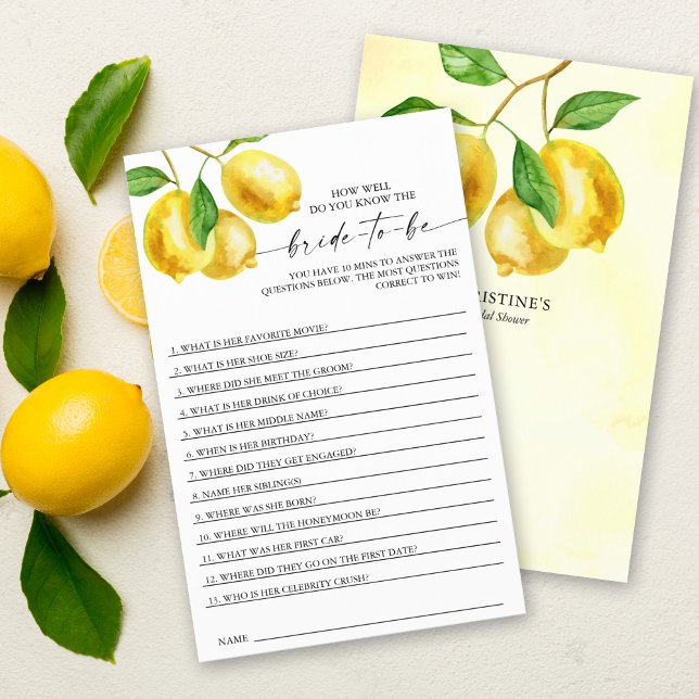 Fruta de Limão de Jogo chá de panela (Add some fun to your lemon bridal shower with this "How well do you know the Bride" game.)