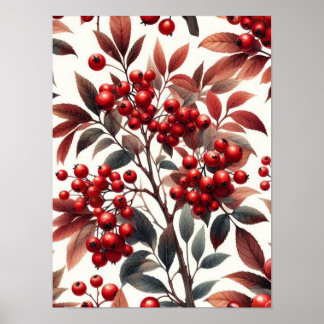 Fruta de Padrão de  de Winterberry Vermelho Poster