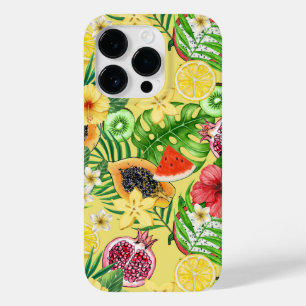 Frutas tropicais, flores e folhas em amarelo