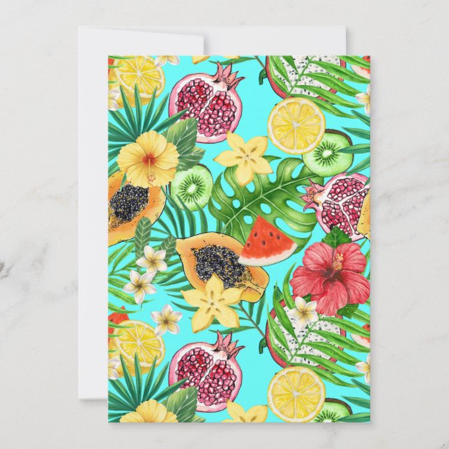Frutas tropicais, flores e folhas em azul (Frente)