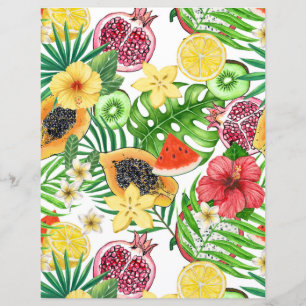 Frutas tropicais, flores e folhas em branco