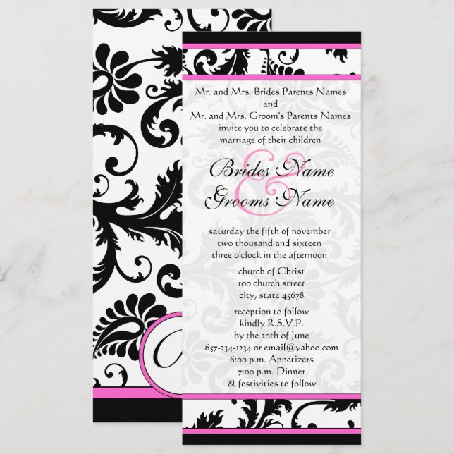 Fuchsia 9x4 Damask Swirls Convite De Casamento (Frente/Verso)