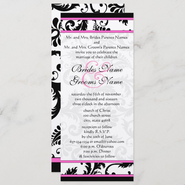 Fuchsia 9x4 Damask Swirls Convite De Casamento (Frente/Verso)