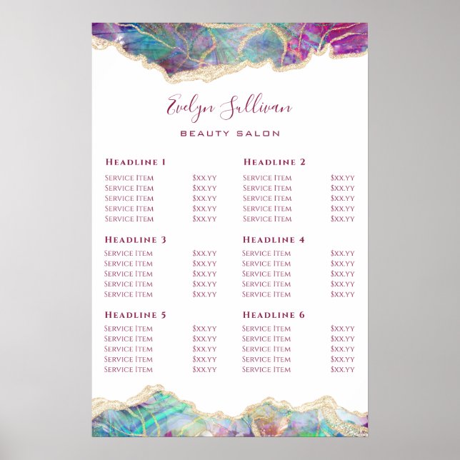 Fuchsia Aquamarine Opal Design Price List Poster (Frente)