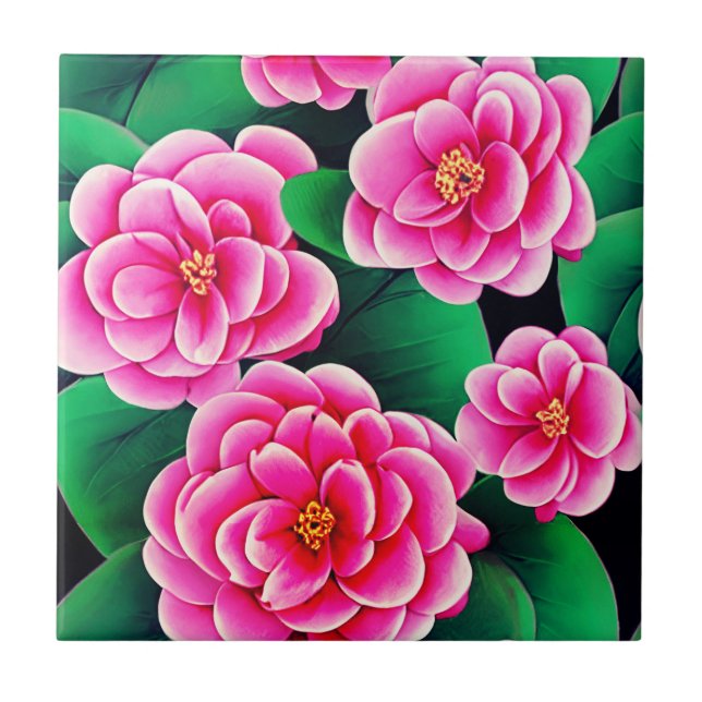 Fuchsia Pink Camellias e Jade Green Folhas (Frente)