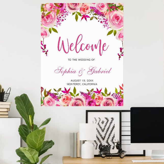 Fuchsia Pink Floral Weding Poster (Escritório em casa)
