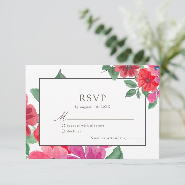 Fuchsia Watercolor Floral Wedding RSVP (Em pé/Frente)