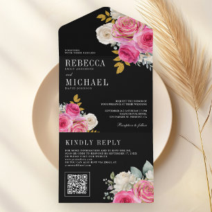 Fúcsia Rosa Quente Floral Código QR Preto Casament