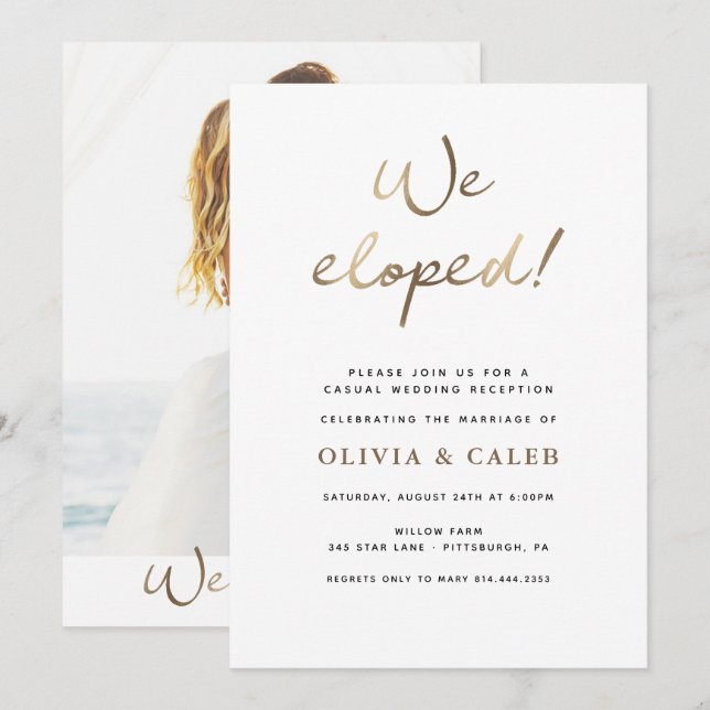 Fugimos juntos! Convite de recepção de casamento (Frente/Verso)