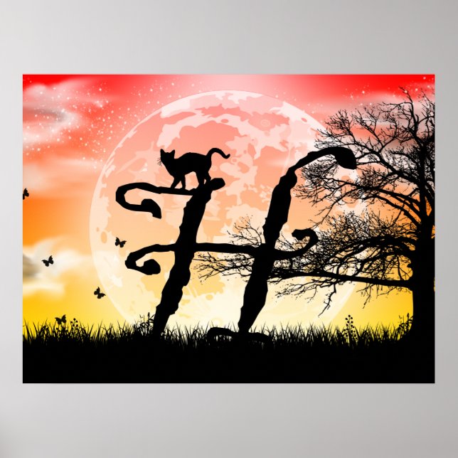 Full Moon and Cat H Initial Monogram Poster (Frente)