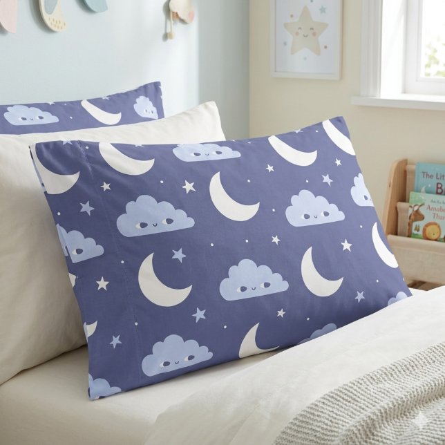 Funda de Travesseiro Azul Kawaii Lua Estrelas Nuve (Criador carregado)