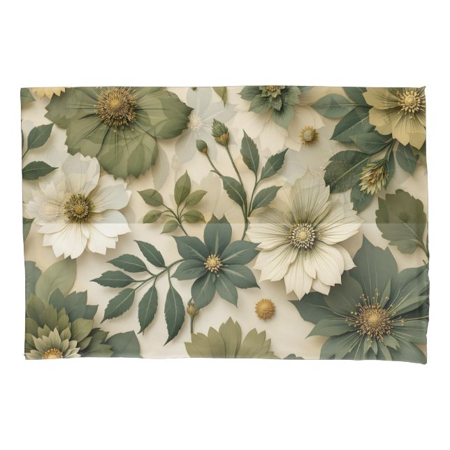 Funda de travesseiro padrão de flores verdes (Frente-Esquerda)
