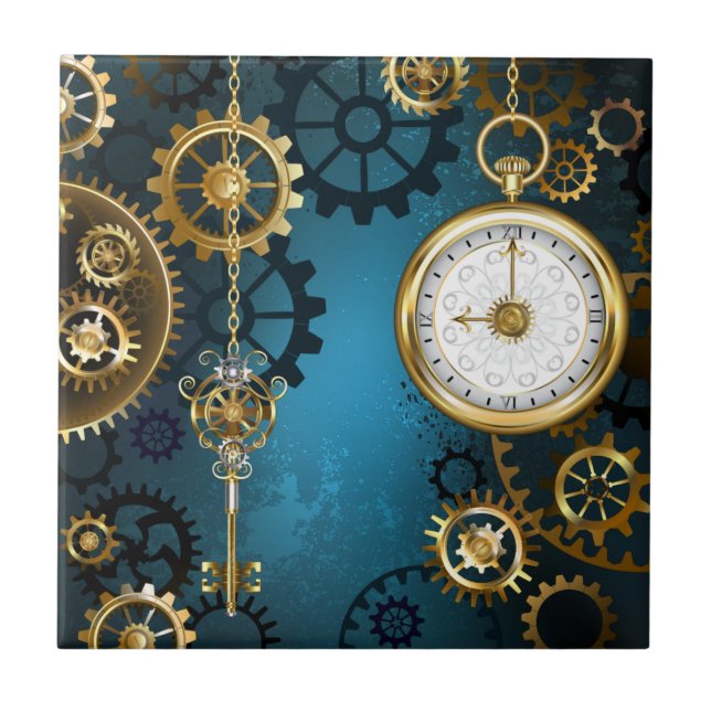 Fundo azul turquesa Steampunk com engrenagens (Frente)