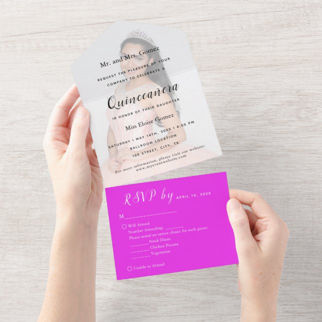 Fundo de Foto Rosa Choque Convite de Evento RSVP (Aba destacável)