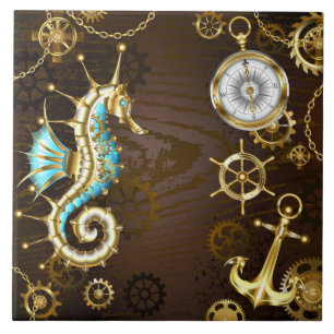 Fundo de madeira com cavalo de mar mecânico