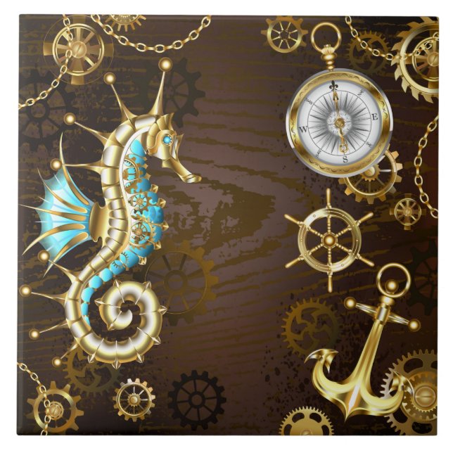 Fundo de madeira com cavalo de mar mecânico (Frente)