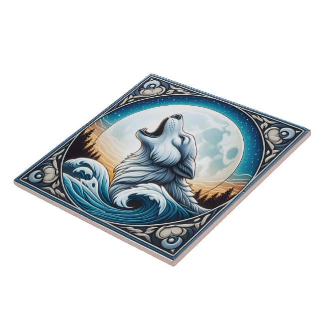Fundo Oceano e Lua com Design de Azulejo de Lobo (Lateral)