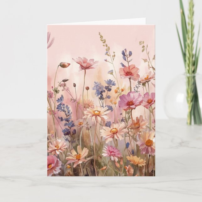 Fundo Rosa Pó com cartão em branco de flores silve (Frente)