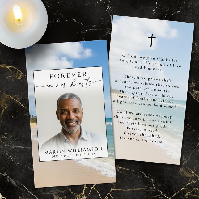 Funeral Beach Photo Forever Hearts Prayer Card (Criador carregado)
