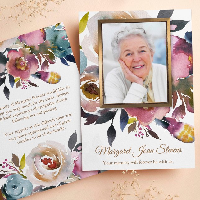 Funeral Obrigado Cartões Azul Dusty & Mistura Rosa (Photo Sympathy Bereavement Memorial Funeral Thank You Card)