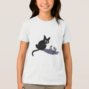 Funny Black Cat and Scared Mice Cartoon Kids T-Shi