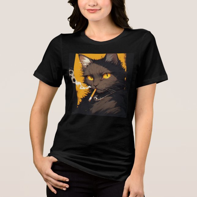 Funny black cat t-shirt, smoking cigarette (Frente)