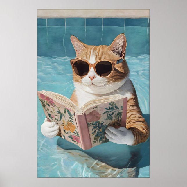 Funny Cat Pool Party Poster Bathroom Wall Art (No (Frente)