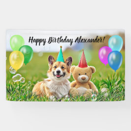 Funny Corgi Balloons Feliz Banner de Festa de Aniv