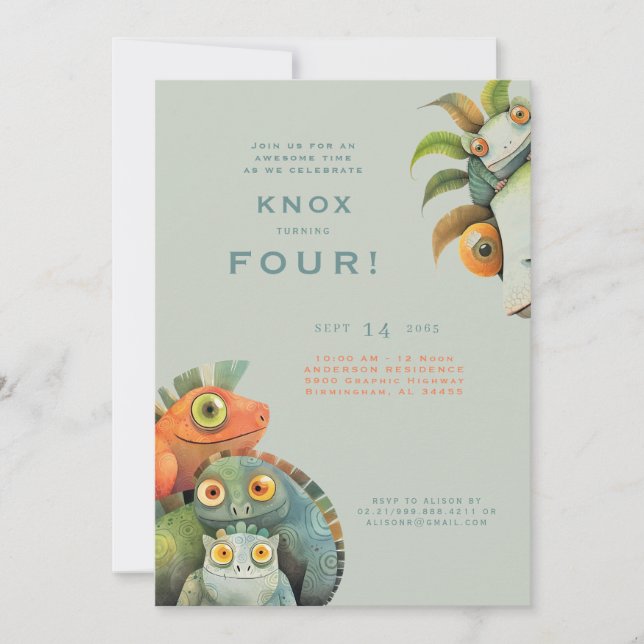 Funny Lizard 4º Convite de festas de aniversário (Frente)