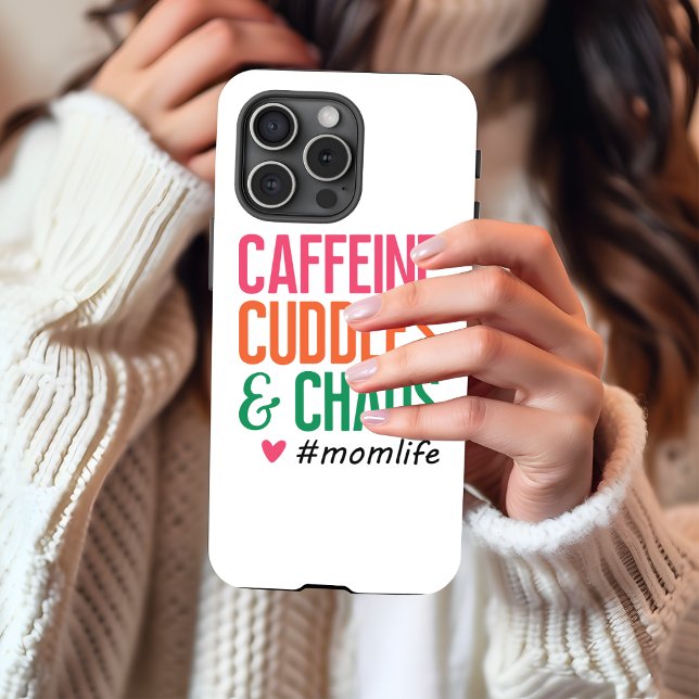 Funny Mom Life iPhone 15 Pro Case  (Caffeine Cuddles & Chaos #momlife iPhone 15 Pro case. )