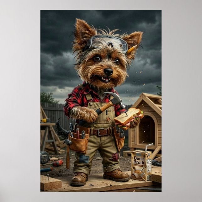 Funny Yorkie Construction Worker Poster – Playful  (Frente)