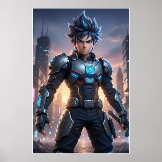 Futuristic Anime Hero – Cyberpunk Warrior Poster (Frente)