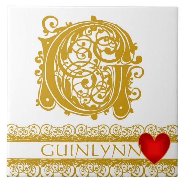 G Monograma Nome Dourado Lace Red Heart Azulejo (Frente)