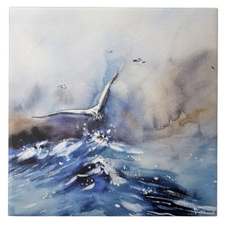 Gaivota Majestosa Sobre Ondas do Oceano Aquarela C