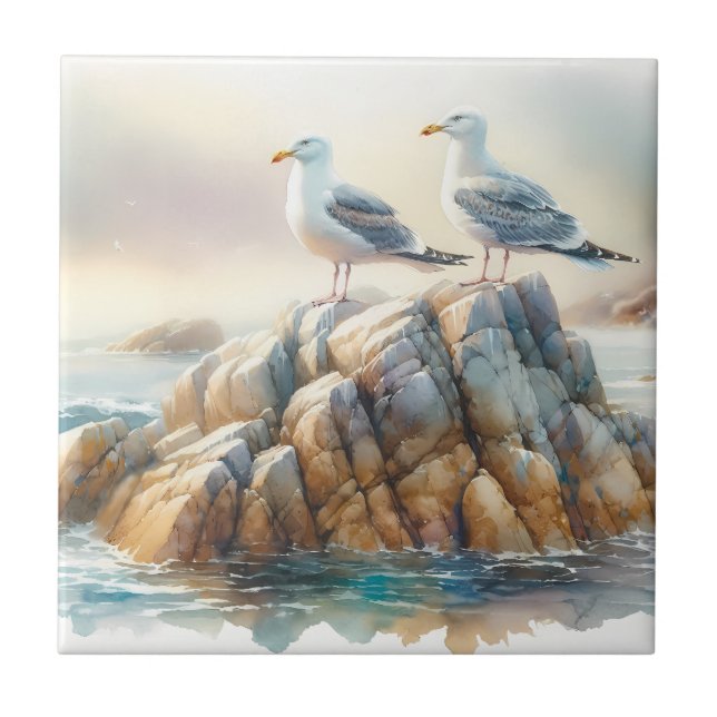 Gaivotas Costeiras Aquarela Paisagem Marítima (Frente)