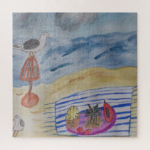 Gaivotas Na Quebra-cabeça Do Palheiro De Praia